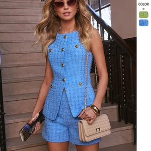 Gilet Sans Manches En Tweed Pour Femmes Et Short Texturé Boutons Dorés Streetwear Élégant