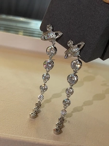 Macro shot of silver tassel earrings featuring saturn orb and gradient crystal beads