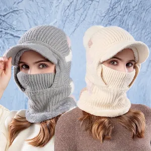 Winter fleece balaclava knit hat with visor and neck warmer for outdoor cycling