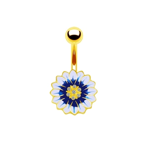 Goldener Bauchnabelpiercing mit blauer Emaille-Sonnenblume und funkelnden Zirkonia