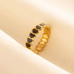 Minimalist 304 stainless steel open ring with black enamel hearts and gold finish