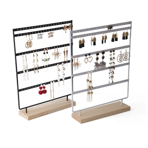 5-tier earring display stand with metal frame and wooden base in black and white