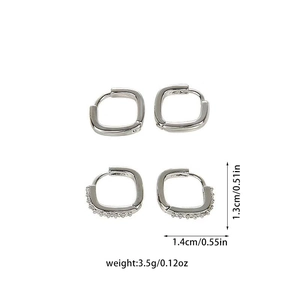 Detailed dimensions of silver square zircon hoop earrings showing size and weight specs