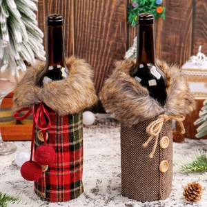 Christmas wine bottle covers with plaid design and faux fur collars for table decor