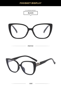 Close-up of black cat-eye eyeglass frame with premium metal and acetate hybrid details