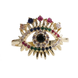 Verstellbarer Goldring mit Evil Eye Motiv und farbigen Zirkoniasteinen im Wimperndesign
