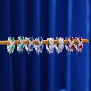 Elegant silver hoop earrings with pear-cut colorful zircons in blue, green, and red