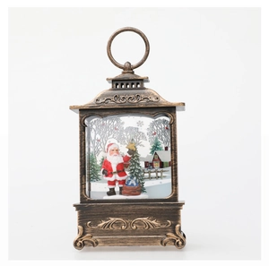 Detail of Christmas lantern with Santa scene and retro bronze finish on white background