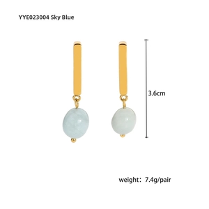 Detail view of 18k gold earrings with blue stones showing size of 3.6cm and 7.4g weight