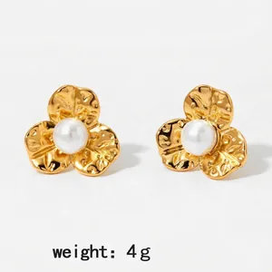 Elegant 15mm golden flower stud earrings with center pearl in 316 stainless steel