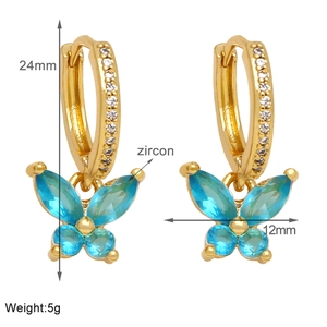 Detailed view of blue zircon butterfly earrings with 24mm height and 12mm width measurements