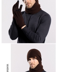 Detail view of coffee brown knit winter set with beanie, neck warmer and touchscreen gloves