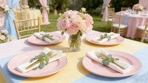 French party table setting featuring eucalyptus leaf napkin rings and colorful tablecloth