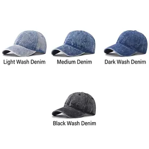 Vintage washed denim baseball caps in four colors featuring a distressed 6-panel design