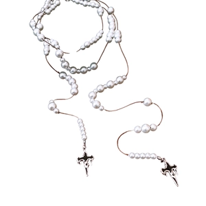 Handmade glass beaded cross pendant necklace with adjustable white pearls in gothic style