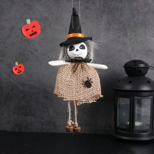 Halloween witch skeleton hanging decoration with pointed hat, burlap skirt and metal bells