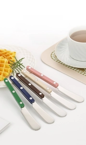 Detailed set of 5 stainless steel butter knives with colorful rivet handles on table