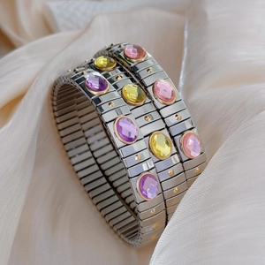 Stainless Steel Stretch Bracelet Oval Rhinestone Italian Style Elastic Sweet Cool Jewelry For Women Daily Wear