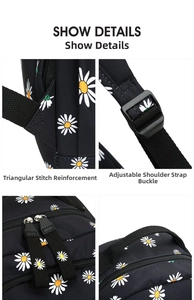 Detail view of daisy print backpack showing reinforced stitching and adjustable strap buckle