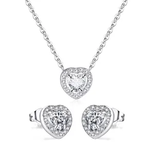 Heart Necklace And Stud Earrings Set Stainless Steel Cubic Zirconia Halo Design Elegant Romantic Jewelry For Women Gift