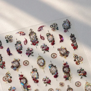 Holographic vintage clock and rose nail art stickers with embossed laser finish M-746