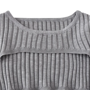 Close-up of grey ribbed knit texture and hollow-out neckline design of the two-piece set