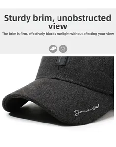 Close-up of dark grey thermal baseball cap showing wool-like texture and stiff brim detail