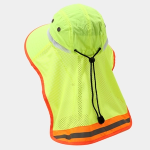 High visibility safety hat with reflective neck flap and breathable mesh in neon yellow