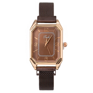 Women's rose gold square watch with brown dial and magnetic Milanese mesh band