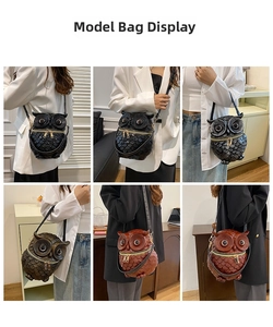 Model wearing owl shaped crossbody bag in black bronze and brown colors for scale