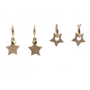 Set of gold-plated hoop earrings with sparkling star and heart zircon charms on white