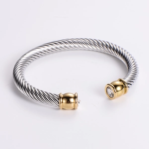 Stainless Steel Twisted Cable Wire Open Cuff Bracelet With Inlaid Cubic Zirconia Round Stone End Simple Fashion Jewelry