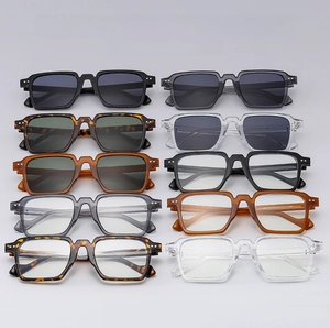 Collection of ten stylish square-frame sunglasses in various colors like black and tortoiseshell