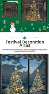 Golden Christmas tree window sticker with star and snowflake patterns on shop glass