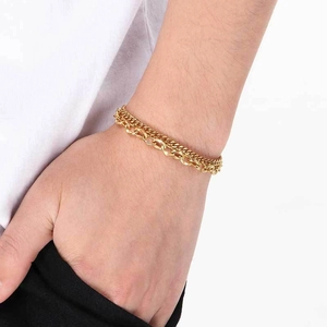 Minimalist gold-plated stainless steel double-layered lip and Cuban link chain bracelet