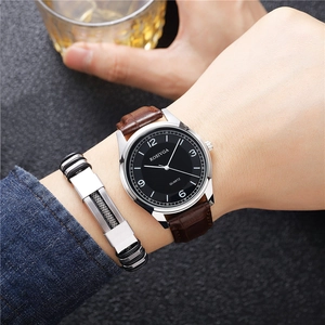 Men Quartz Watch And Bracelet Accessory PU Leather Strap Alloy Case Business Casual Analog Large Dial Wristwatch