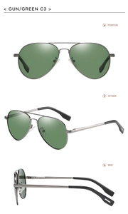 Three-way view of gunmetal aviator polarized sunglasses with dark green lenses