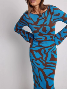 Women Knit Maxi Dress Long Sleeve Round Neck Slim Fit Bodycon Abstract Print Ankle Length Elegant Sweater Skirt