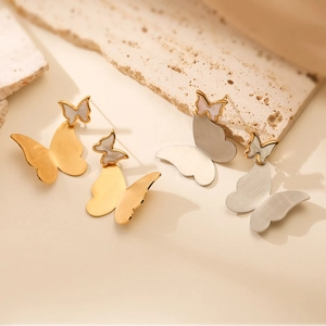 Butterfly Drop Earrings Stainless Steel 18K Gold Plated Mother Of Artificial Pearl Inlay Double Layer Brushed Metal Elegant Fashion Women
