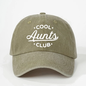 Vintage olive green washed baseball cap with white COOL Aunts CLUB embroidery print