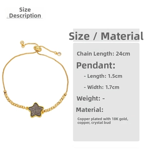 Detail showing 18K gold plated star bracelet with druzy stone and adjustable sliding clasp