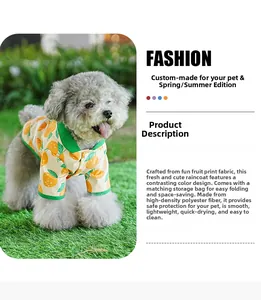 Waterproof dog raincoat detail showing fruit print pattern and portable storage bag