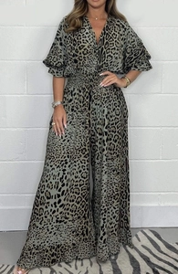 Women's leopard print wide-leg jumpsuit with V-neck and elastic waist in brown and black