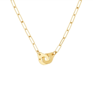 Detail of 18k gold stainless steel paperclip chain with interlocking handcuffs charm