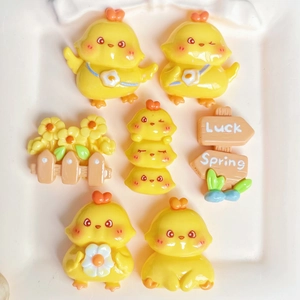 Cute yellow resin chicken miniatures and luck spring signpost for DIY crafting