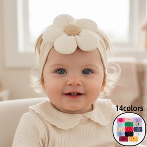 Baby Girl Headbands Elastic Nylon Ribbed Knit Large Flower Soft Infant Hair Bands Solid Color Toddler Headwraps