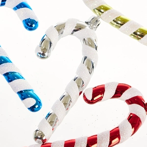 Sparkling Christmas candy cane ornaments in red, blue, and silver for holiday tree decor
