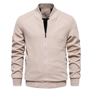 Men's slim fit waffle texture bomber jacket with stand collar in beige color