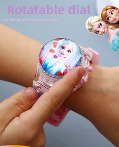 Macro view of a rotatable watch face with Frozen character and pink silicone strap
