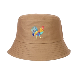 Khaki bucket hat with colorful rooster embroidery in durable cotton canvas fabric